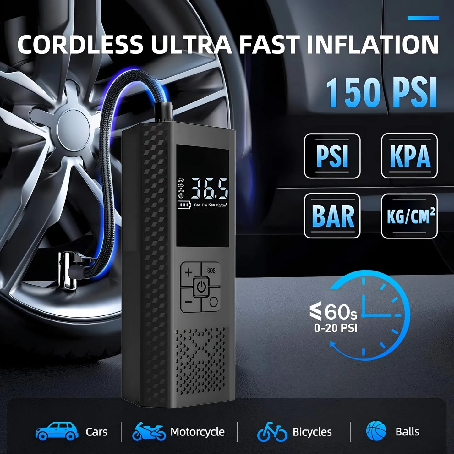 Wireless Car Air Compressor 150PSI Tire Inflator Pump with Digital Gauge